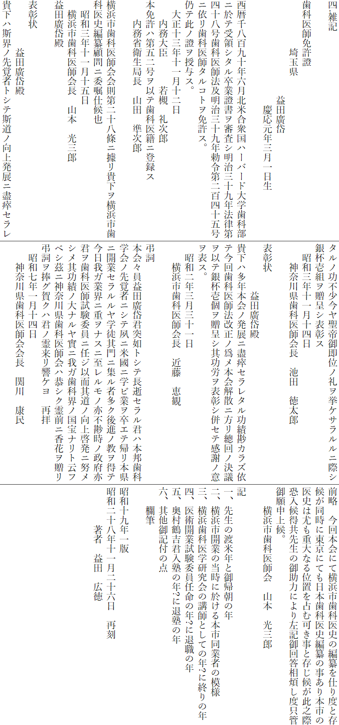 四.雑記

歯科医師免許證
　　　　　埼玉県
　　　　　　　　　　益田廣岱
　　　　　　　　　　　慶応元年三月一日生

西暦千八百九十年六月北米合衆国ハーバード大学歯科部ニ於テ受領シタル卒業證書ヲ審査シ明治三十九年法律第四十八号歯科医師法及明治三十九年勅令第二百四十五号ニ依リ歯科医師タルコトヲ免許ス。
仍テ此ノ證ヲ授与ス。
　大正十三年十一月十二日
　　内務大臣　　　若槻　礼次郎
本免許ハ第五二号ヲ以テ歯科医籍ニ登録ス
　　内務省衛生局長　山田　準次郎

横浜市歯科医師会会則第二十八條ニ據リ貴下ヲ横浜市歯科医史編纂顧問ニ委嘱仕候也
　昭和三年十一月十五日
　横浜市歯科医師会長　山本　光三郎
益田廣岱殿

表彰状
　　　　　益田廣岱殿
貴下ハ斯界ノ先覚者トシテ斯道ノ向上発展ニ盡瘁セラレタルノ功不少今ヤ聖帝御即位ノ礼ヲ挙ケサラルルニ際シ銀杯壱組ヲ贈呈シ表彰ス
　昭和三年十一月十四日
　　神奈川県歯科医師会長　池田　徳太郎
　　　　　
表彰状
　　　　　益田廣岱殿
貴下ハ多年本会ノ発展ニ盡瘁セラレタル功績尠カラズ依テ今回歯科医師法改正ノ爲メ本会解散ニ方リ總回ノ決議ヲ以テ銀杯壱個ヲ贈呈シ其功労ヲ表彰シ併セテ感謝ノ意ヲ表ス。
　昭和二年三月三十一日
　　横浜市歯科医師会長　近藤　恵観

弔詞
本会々員益田廣岱君突如トシテ長逝セラル君ハ本邦歯科学会ノ先覚者ニシテ夙ニ米國ニ学ビ業ヲ卒エテ帰リ本県ニ開業セラルルヤ学徒其門ニ集ル者多ク後進ノ教ヲ得テ今日我ガ業界ニ重ヲナスニ至レルモノ亦不尠時ノ政府亦君ヲ歯科医師試験委員ニ任ジ以而其道ノ向上啓発ニ努メシメ其功績ノ大ナルヤ實ニ我ガ歯科界ノ国宝ナリト云フベシ茲ニ神奈川県歯科医師会ハ恭シク霊前ニ香花ヲ贈リ弔詞ヲ捧グ賀クハ君ノ霊来リ響ケヨ　再拝
　昭和七年一月十四日
　　神奈川県歯科医師会会長　関川　康民

前略　今回本会にて横浜市歯科医史の編纂を仕り度と存候が同時に東京にても日本歯科医史編纂の事あり本市の医史は尤も重大なる位置を占む可き事と存じ候が此之際恐入候得共先生の御助力により左記御回答相煩し度只管御願申上候。
　　横浜市歯科医師会　山本　光三郎
　
記
一、先生の渡米年と御帰朝の年
二、横浜市開業の当時に於ける本市同業者の模様
三、横浜歯科医学研究会の講師としての年?に終りの年
四、医術開業試験委員任命の年?に退職の年
五、奥村鶴吉君入塾の年?に退塾の年
六、其他御記付の点
　　欄筆

昭和十九年一版
昭和二十八年十一月二十六日　再刻
　　　　著者　益田　広徳